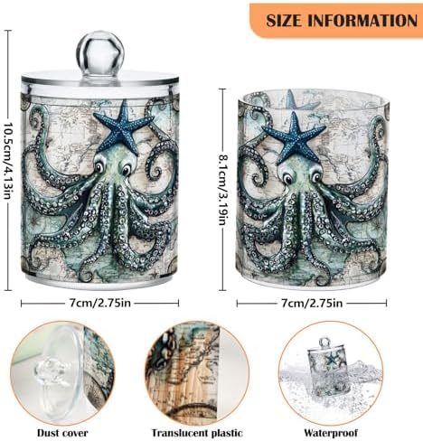 MNSRUU 2 Pack Qtip Holder Organizer Dispenser Ocean Sea Animal Octopus Bathroom Storage Canister Cotton Ball Holder Bathroom Containers for Cotton Swabs/Pads/Floss