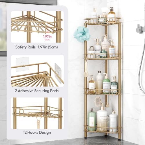SWTYMIKI Standing Shower Caddy Corner - 4‑Tier Stainless Steel Shower Organizer Shelf with 12 Hooks and Adhesive Pads, Rustproof Corner Shelves Stand Rack for Bathroom Shower Room, Gold
