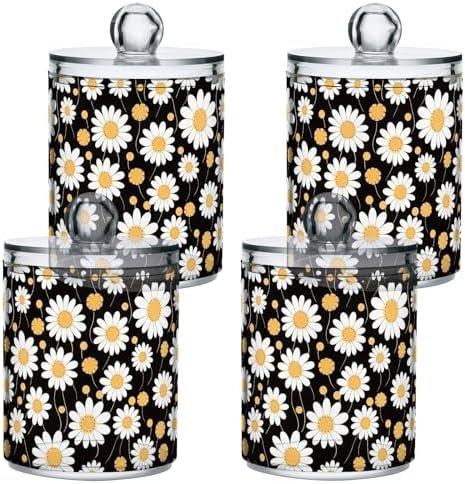 4 Pack Clear Plastic Jars Yellow and White Daisy Flowers Apothecary Jars Bathroom Vanity Organizer for Cotton Ball, Cotton Swab, Cotton Round Pads, Floss 10 Oz