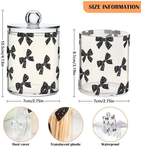ALAZA Black Bow with Polka Dots 4 Pack Qtip Holder Dispenser for Cotton Swabs, Balls, Pads, Floss 10 oz Plastic Canister Organizer