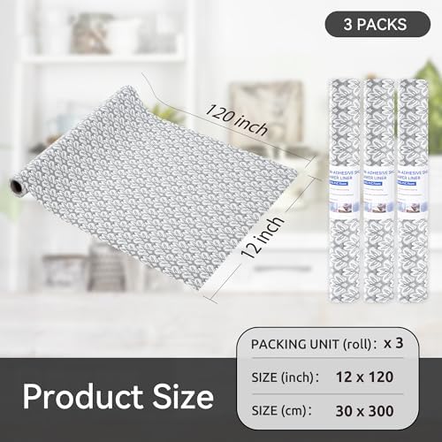 FIFTY FEET 12"x120" Non-Adhesive Shelf Liner for Kitchen Cabinets and Drawers, Washable Non-Slip PVC Cabinet Liner (Black Floral)(3 Roll)