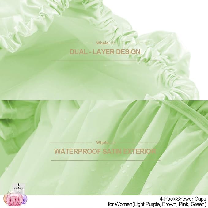 Shower Caps Satin Lined Waterproof for Women Men - 4Pc Candy Mixed Colors | Double Layer 100 Percent Dry Jumbo Oversized Fits Thick Hair Smooth Lining Prevents Hair Frizz Snug Elastic Band No Pressure