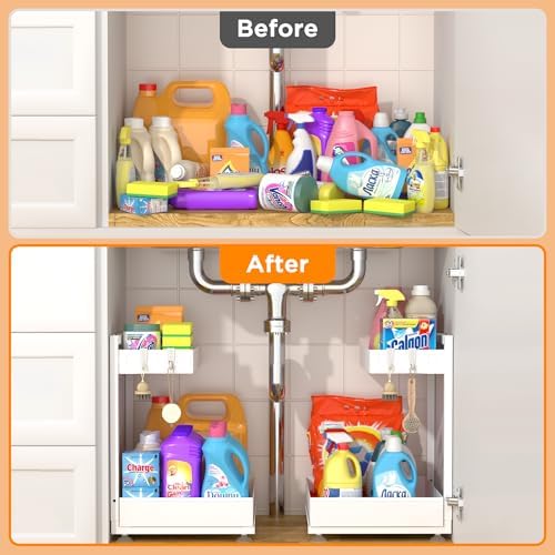 TATAANTY Under Sink Organizer 2 Pack, 2 Tier Metal Under the Sink Storage, Heavy Duty Slide out Pull out Cabinet Organizer, Height Adjustable for Kitchen Bathroom Pantry Closet Organization Rack