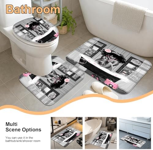 4Pcs African American Shower Curtain Sets with Rugs, Black, 71x71in