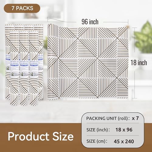 FIFTY FEET 18"x96" Non-Adhesive Shelf Liner for Kitchen Cabinets and Drawers, Washable Non-Slip PVC Cabinet Liner (Brown Modern)(7 Roll)