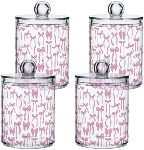 Gredecor 4 Pack Qtip Holder Clear Aesthetic Pink Ribbon Bow Apothecary Jars with Lids Acrylic Bathroom Jars Vanity Countertop Canister Storage Organizer for Cotton Ball,Swabs,Pads,Floss