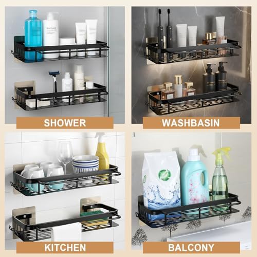 No-Drill Adhesive Shower Caddy, Black Aluminum Shelves 2-Pack