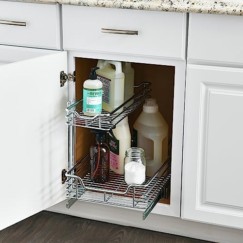 Household Essentials Glidez 2‑Tier Large Multipurpose Chrome‑Plated Steel Pull‑Out/Slide‑Out Under Sink Organizer, Chrome Finish