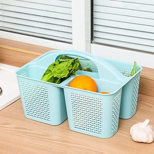 Plastic Portable Shower Caddy Basket with Handle, 3 Compartments, Blue
