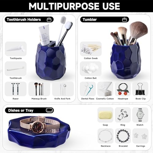 Ceramic Bathroom Accessories Set 4 PCS,Bathroom Toothbrush Holder Set,Soap and Toothbrush Holder Set,Include Toothbrush Holder,Soap Dispenser,Tumbler,Soap Dish,Bathroom Sets Decor Organizer(Navy Blue)