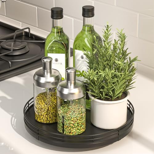 Oroyutor 9-Inch Oak Lazy Susan Spice Organizer, Black Finish