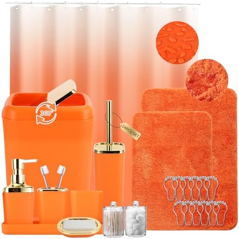 XLHOMO Orange Bathroom Set, Bathroom Sets with Shower Curtain and Rugs