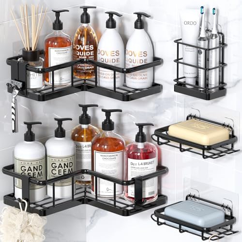 YASONIC Corner Shower Caddy Adhesive, 100% Rustproof Shower Organizer with Soap and Troothbrush Holder, No Drill Shower Shelf for Inside Shower, Wall-Mounted Shower Storage for Homes (5 Pack, Black)