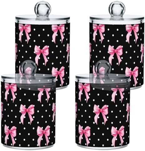 DOMIKING Polka Dot Bow Black 2 Pack Cotton Swab Holder Dispenser Plastic Jar Bathroom Storage Canister Acrylic Containers for Cotton Ball Floss Picks Hair Clips