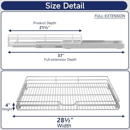 Pull Out Cabinet Organizer, 28.5" W x 21.5" D, Heavy Duty Chrome Slide Out Shelf for Wide Base Cabinets, Sliding Wire Basket Drawer for Pots, Pans, Appliances & Pantry Storage