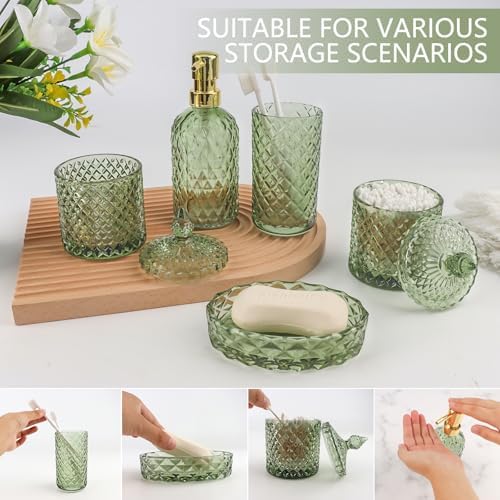 5Pcs Glass Bathroom Accessories Set,Green Vintage Bathroom Accessory Set