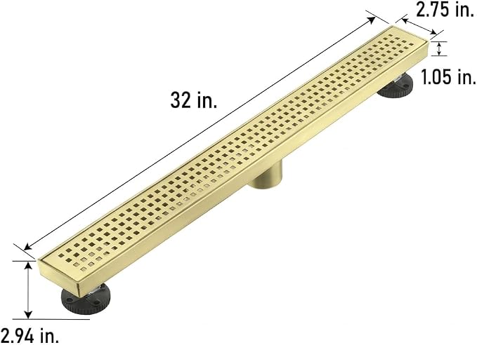 AVSIILE Linear Shower Floor Drain, Brushed Gold 32 Inch 304 Stainless Steel Bathroom Drains Kit, Long Rectangular Shower Trench Drain with Square Pattern Drain Cover & Hair Catcher
