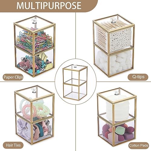 Hipiwe Gold Glass Qtip Holder with Lid 2-Tier Stackable Bathroom Dispenser