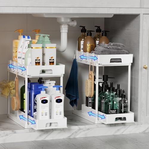 Delamu Under Sink Organizers and Storage, 2 Pack Pull Out Kitchen Bathroom Cabinet Organizer, 2 Tier White Under Sink Storage for Bathroom Kitchen, Under Counter Storage Organizer with 8 Hooks
