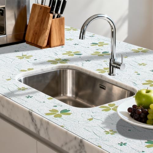 FIFTY FEET 18"x96" Non-Adhesive Shelf Liner for Kitchen Cabinets and Drawers, Washable Non-Slip PVC Cabinet Liner (Green Floral)(6 Roll)