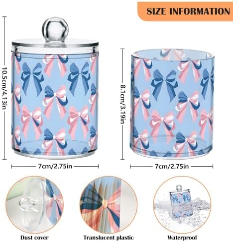 2 Pack Qtip Holder Dispenser for Cotton Ball Pink Bow Blue Pattern Swab Round Pads Clear Plastic Acrylic Jar Set Bathroom Canister