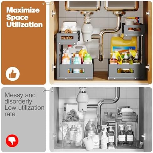 2-Pack Under Sink Organizers and Storage,2-Tier L Shape Pull Out Cabinet Organizer With Round Tube Slide Rails,Hight Adjustable Slide Out Drawers for Kitchen&Bathroom,Multi-Purpose Storage Shelf-Gray
