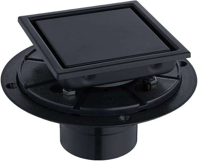 4-Inch Square Shower Drain, Matte Black Floor Drain with Flange, 304 Stainless Steel Bathroom 2-in-1 Tile Drain