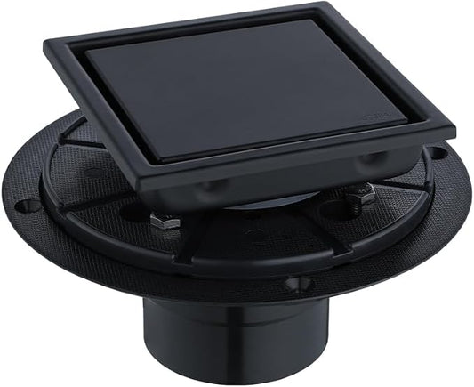 4-Inch Square Shower Drain, Matte Black Floor Drain with Flange, 304 Stainless Steel Bathroom 2-in-1 Tile Drain