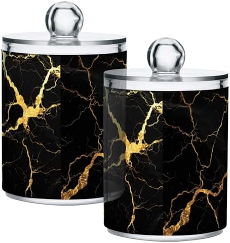 Gredecor Qtip Holder Dispenser 2 Pack Gold Black Marbling Bathroom Decorative Storage Canister Holder Counter Vanity Organizer for Cotton Ball Swabs Pads Floss