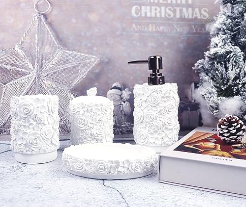 Hymmah Bathroom Accessories Set,Rose Design Bathroom Set,Farmhouse Bathroom Decor,4 Pcs Resin Gift Set Apartment Necessities, Contain Cotton Swab Jar,Soap Dispenser,Soap Dish,Tumbler White