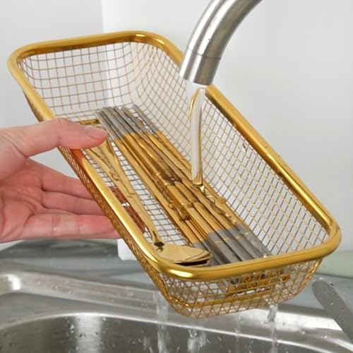 Gold Kitchen Drawer Organizer, Stackable Mesh Storage Baskets, Stainless Steel Silverware Organizer for Holding Knife Fork Spoon, 12.5"x5"x2.5", Pack of 2