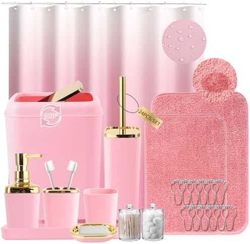 XLHOMO Pink Bathroom Set, Bathroom Sets with Shower Curtain and Rugs