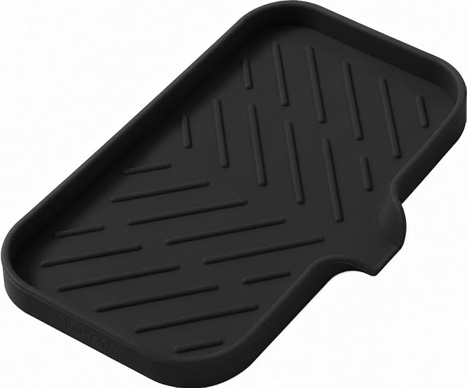 MicoYang Silicone Soap Dish with Drain Spout — Self-Draining Sink Organizer Tray for Bathroom & Kitchen, Sponges, Dispensers & Soap Holder, Non-Slip & Dishwasher Safe, Black (Medium, 9.6"×5.3")
