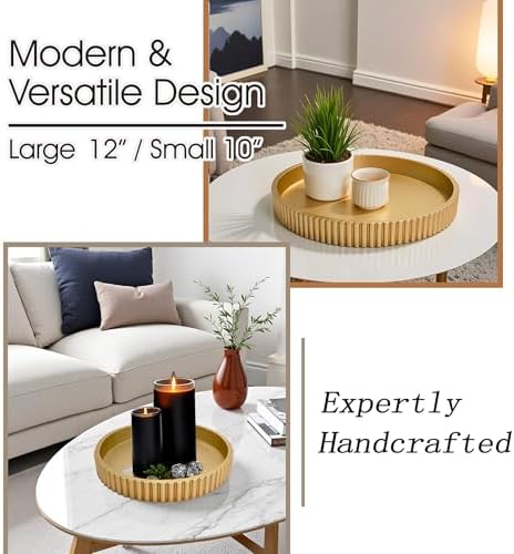 Modern Table Round Decorative Trays 2pcs Home Decor - Circle Coffee Table Centerpiece Set 12"/10" - Wooden Golden Ottoman Tray with Fluted Edge