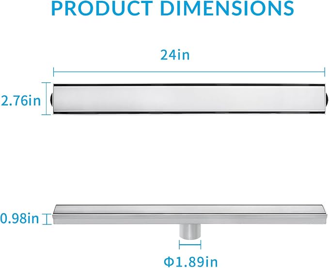 24 Inch Linear Shower Drain Silver Floor Drain for Bathroom Kitchen Rectangular 2 in 1 Floor Drain Tile Insert Cover 304 Stainless Steel Easy Install with Hair Strainer, Adjustable Leveling Feet