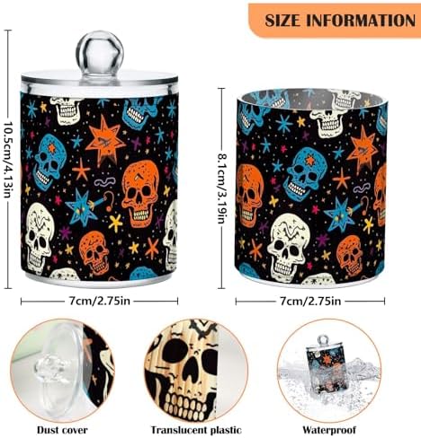 4 Pack Colorful Skulls with Stars Qtip Dispenser 10 Oz Apothecary Jars with Lids Bathroom Canister for Cotton Ball, Swab, Floss, Makeup Sponges, Hair Clip