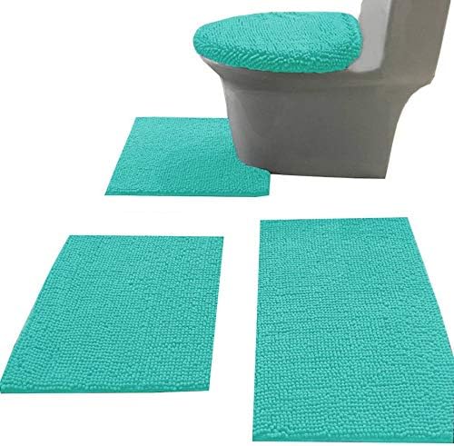 Madeals Chenille Bath Rug Set with Toilet Lid Cover and U-Shaped Toilet Floor Rug Turquoise