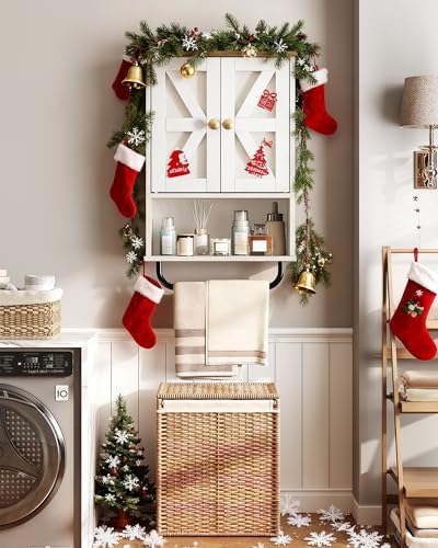CHOEZON Bathroom Wall Cabinet, Medicine Cabinet with Open Partition and Towel Bar, Rustic Storage Cabinet with Open and Hidden Storage Space, for Bathroom, Living Room, Kitchen, White and Walnut