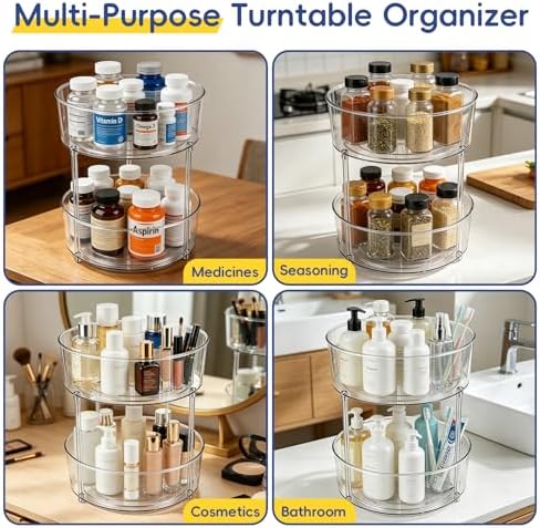 2 Tier Medicine Bottle Organizer, Lazy Susan Organizer for Prescription and Vitamin Bottles, Medicine Cabinet Organizer for Countertop and Bathroom, Transparent Organizer for Empty Pill Bottles