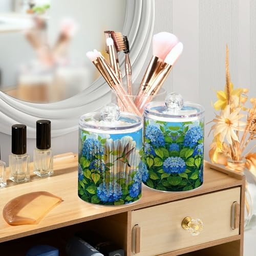 MNSRUU 4 Pack Qtip Holder Organizer Dispenser Floral Hydrangea Hummingbird Bathroom Storage Canister Cotton Ball Holder Bathroom Containers for Cotton Swabs/Pads/Floss