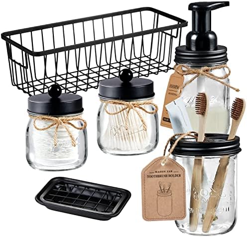SheeChung Glass Mason Jar Bathroom Accessories Set, 6Pcs Farmhouse Decor