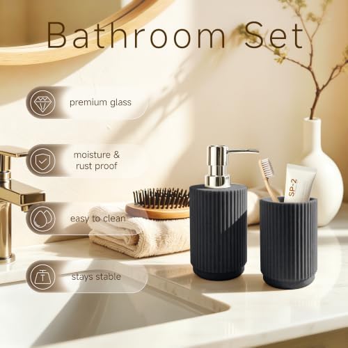 2Pcs Black Bathroom Set, Striped Resin Soap & Toothbrush Holder, Boho