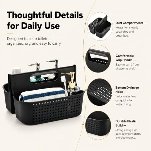 Haundry Portable Shower Caddy Basket, 2 Compartments Plastic Cleaning Caddy Organizer, Large Storage Tote with Handle for Bathroom, College, Dorm Room Essentials, Black