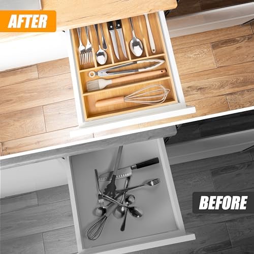 Bellsal Bamboo Silverware Drawer Organizer, Kitchen Utensil Drawer Organizers, 12"x15.7" Utensils Holder Cutlery Tray with Grooved Drawer Dividers for Kitchen Flatware Bedroom Office(7 Slot, Natural)