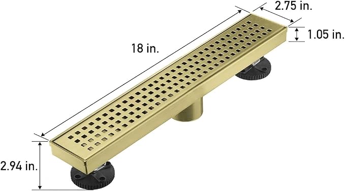 AVSIILE Linear Shower Floor Drain, Brushed Gold 18 Inch 304 Stainless Steel Bathroom Drains Kit, Long Rectangular Shower Trench Drain with Square Pattern Drain Cover & Hair Catcher