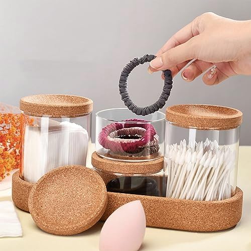 4 pack Glass Qtip Holder Dispenser Apothecary Jars with Vanity Tray