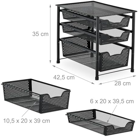 Relaxdays Drawer Shelf, Stackable Office Organiser, 3 Pull-Out Baskets, Metal, Kitchen, Bathroom, HBT: 35 x 28 x 42.5 cm, Black