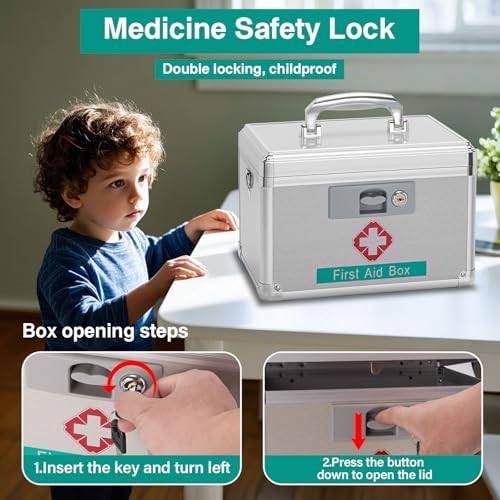 First Aid Box with Key, 11.2 x 7.6 x 7.6 Inches, Empty Lockable Medicine Storage Organizer for Home/Outdoor (Silver/Medium)