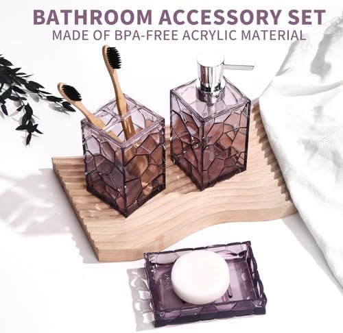 GAHEFY Lavender Purple Bathroom Accessories Set with Toothbrush Holder, Soap Dispenser, Tumbler, Soap Dish, Purple Bathroom Decor,Acrylic (Purple-4pcs)