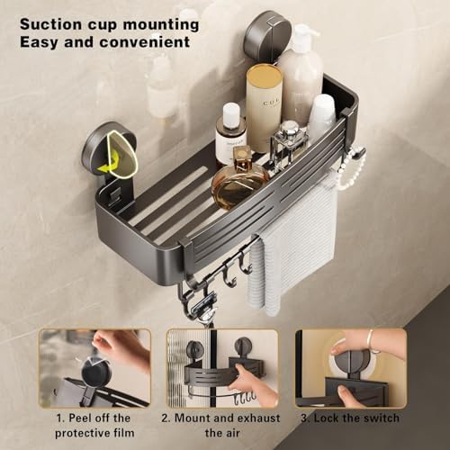 VOLPONE Shower Caddy Suction Shower Shelf No Drilling Shower Organizer Suction Cup Shower Storage Rack Aluminum Wall Mounted Shampoo Holder with Towel Bar Hooks (3-Pack, Matte Gray)